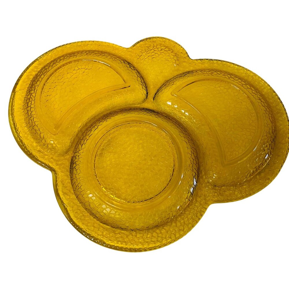 Vintage Yellow Crackle Glass Depressed  Divided‎ Tray With Clear Glass Compote